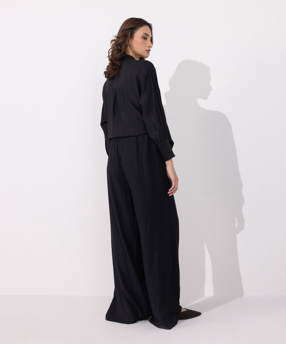 Women's Western Wear Black Wide Leg Linen Blend Trousers