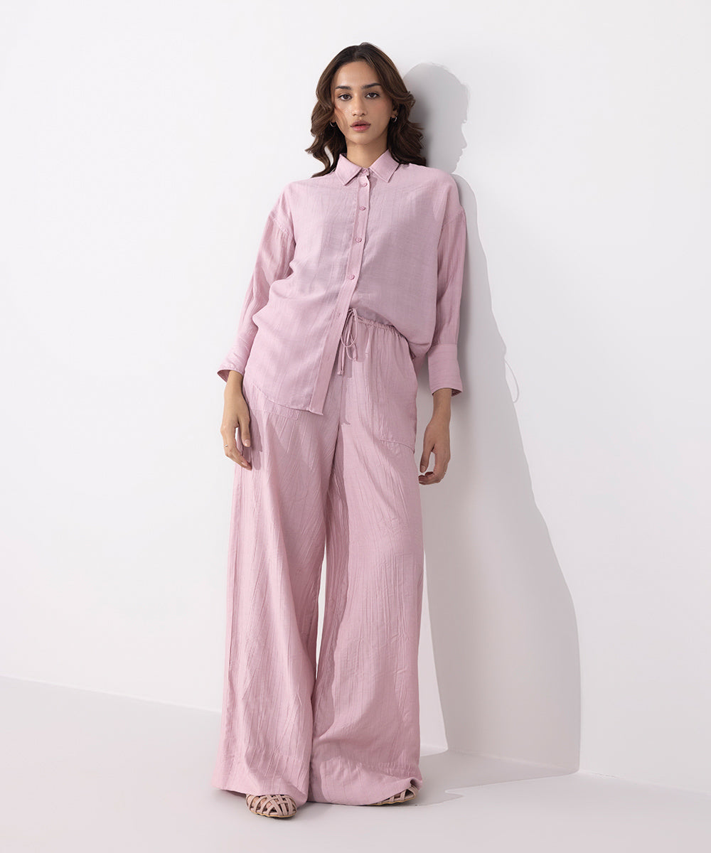 Women's Western Wear Pink Wide Leg Textured Trousers