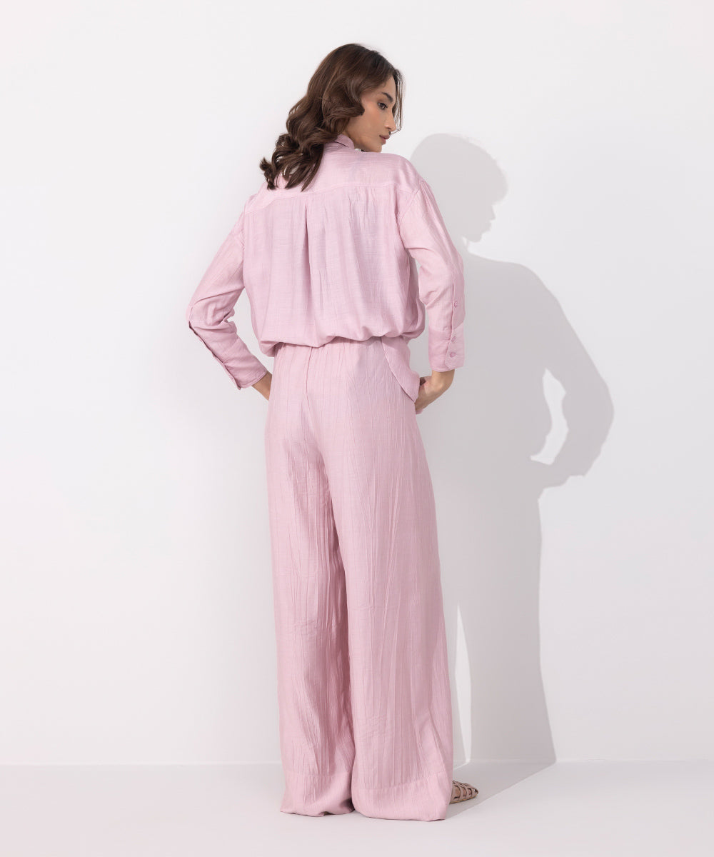 Women's Western Wear Pink Wide Leg Textured Trousers