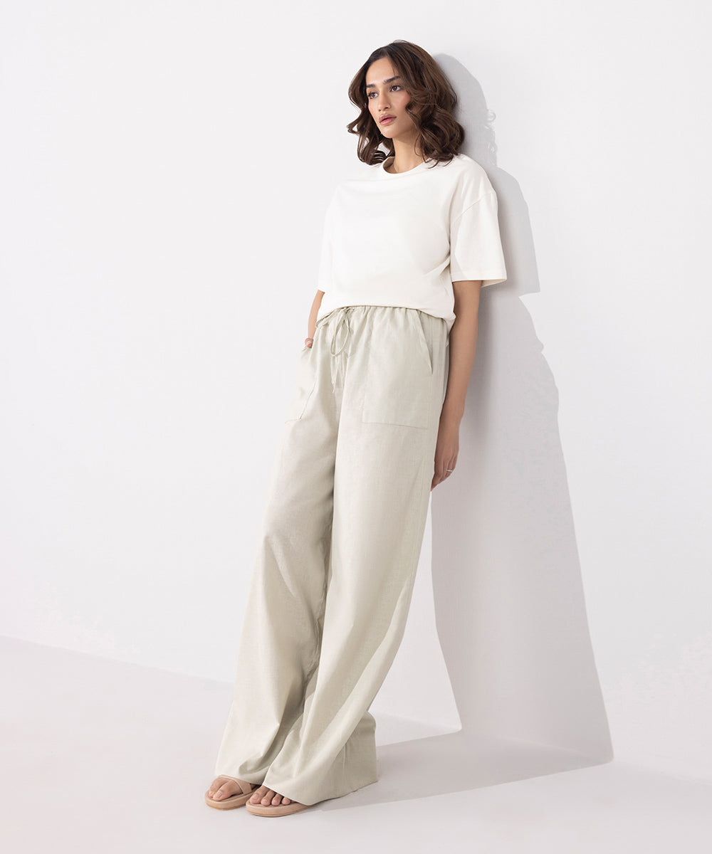 Women's Western Wear Green Wide Leg Linen Blend Trousers