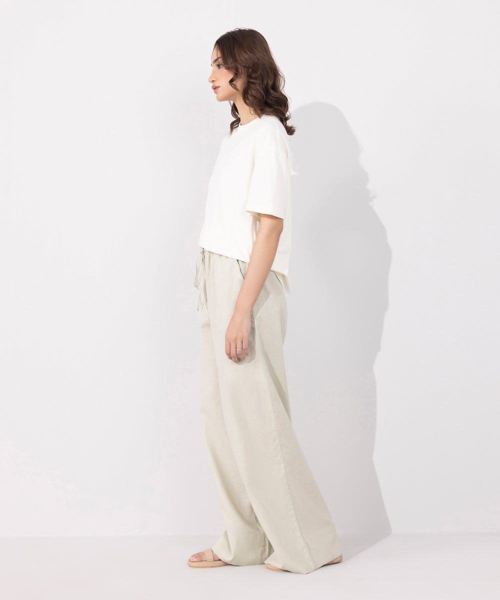 Women's Western Wear Green Wide Leg Linen Blend Trousers