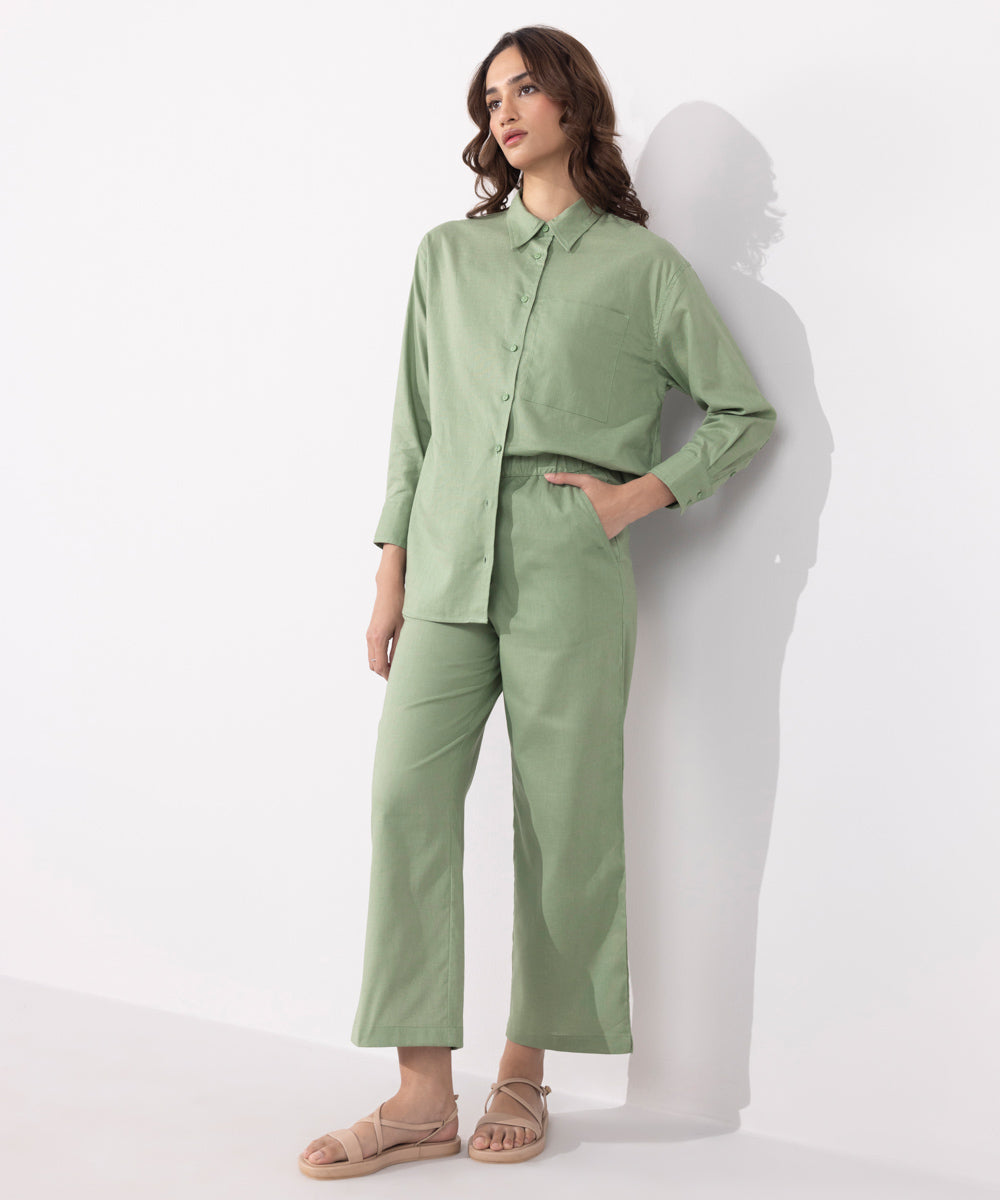 Women's Western Wear Green Pull On Linen Blend Trouers