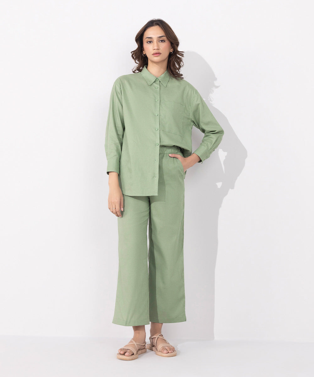 Women's Western Wear Green Pull On Linen Blend Trouers