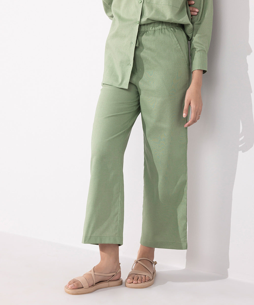 Women's Western Wear Green Pull On Linen Blend Trouers