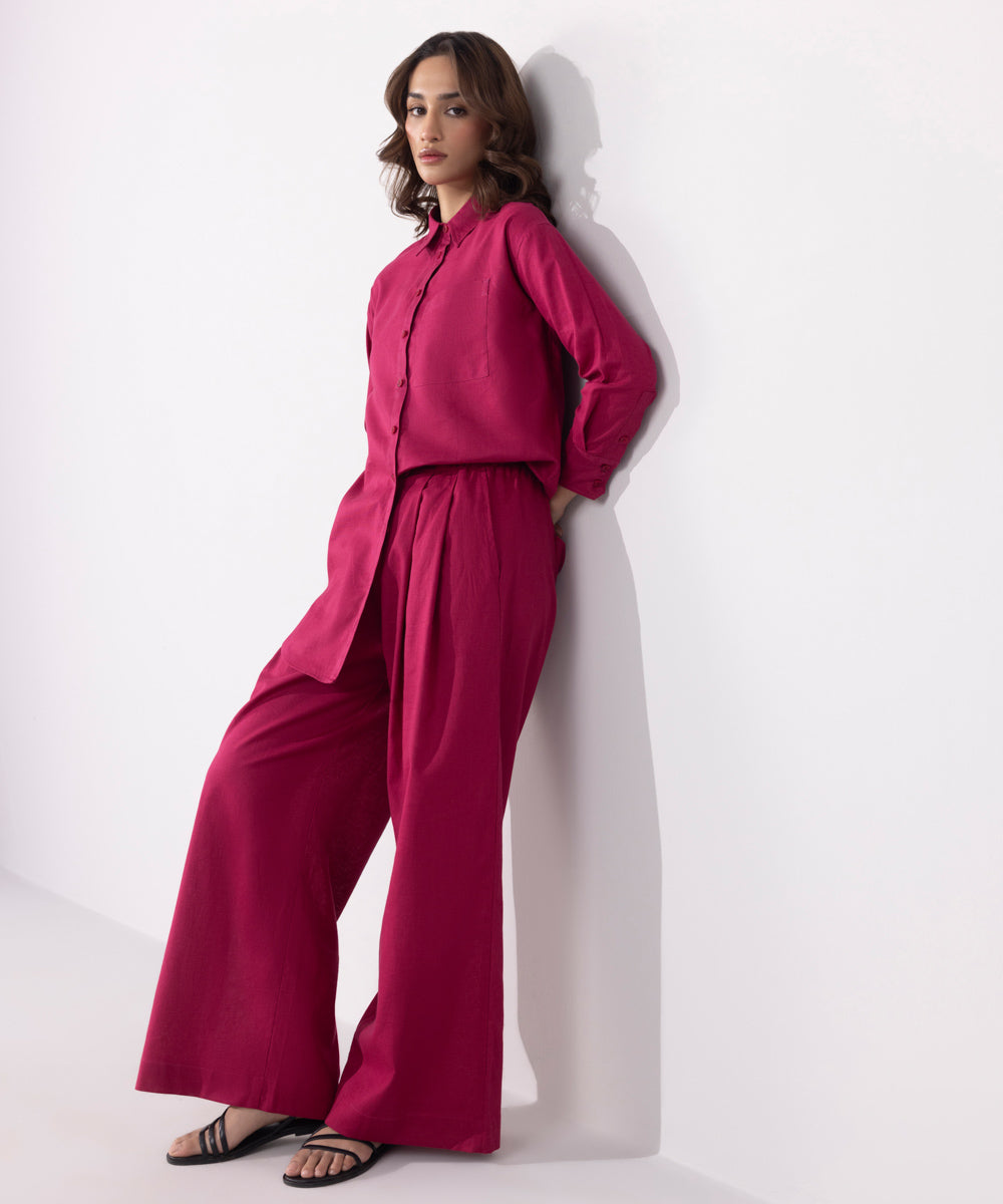 Women's Western Wear Pink Linen Blend Pleated Trousers