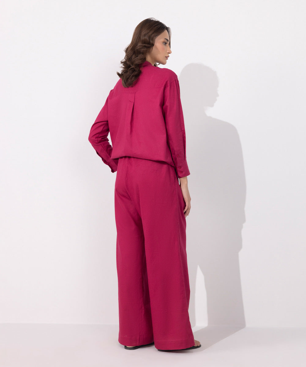 Women's Western Wear Pink Linen Blend Pleated Trousers