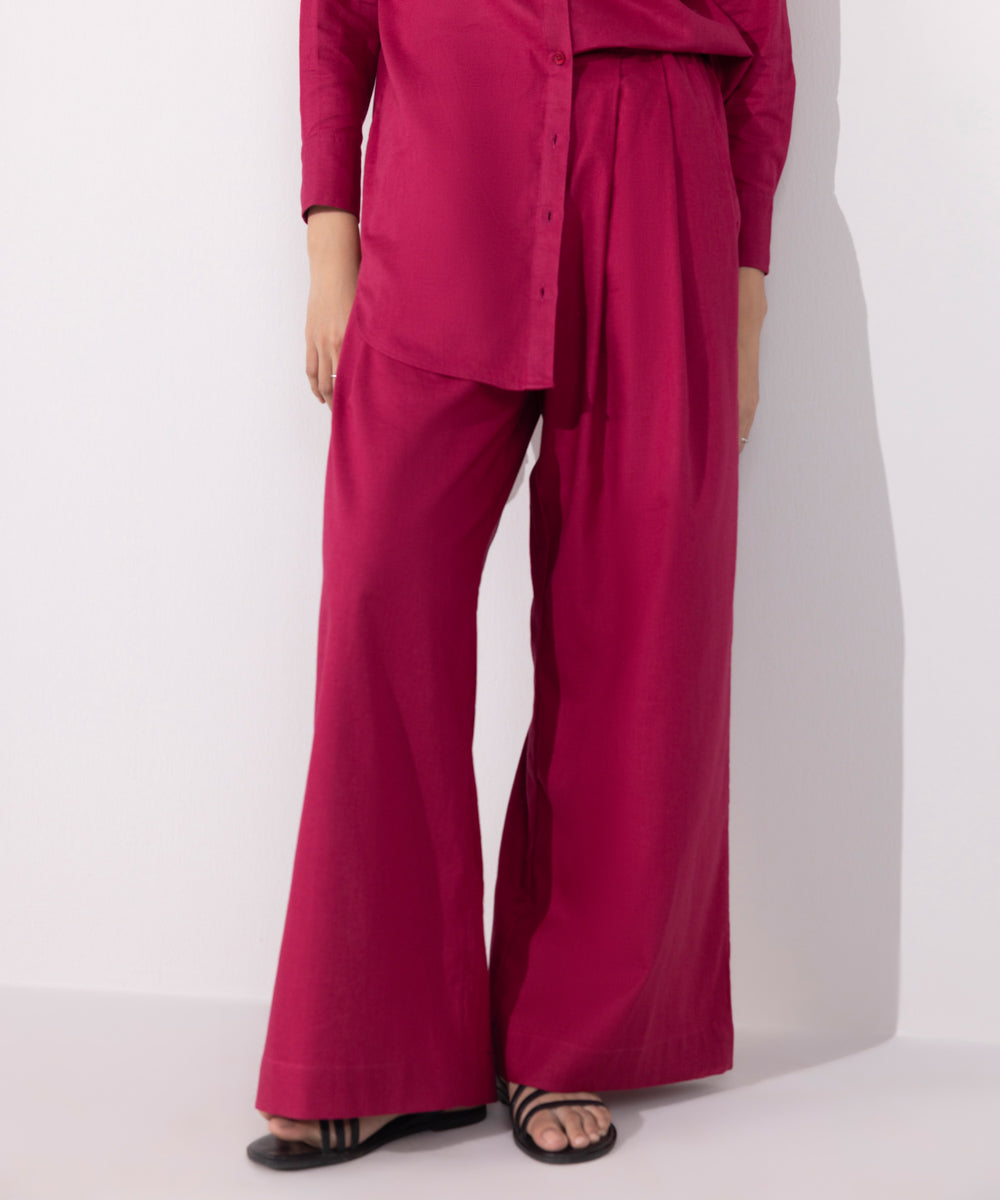 Women's Western Wear Pink Linen Blend Pleated Trousers