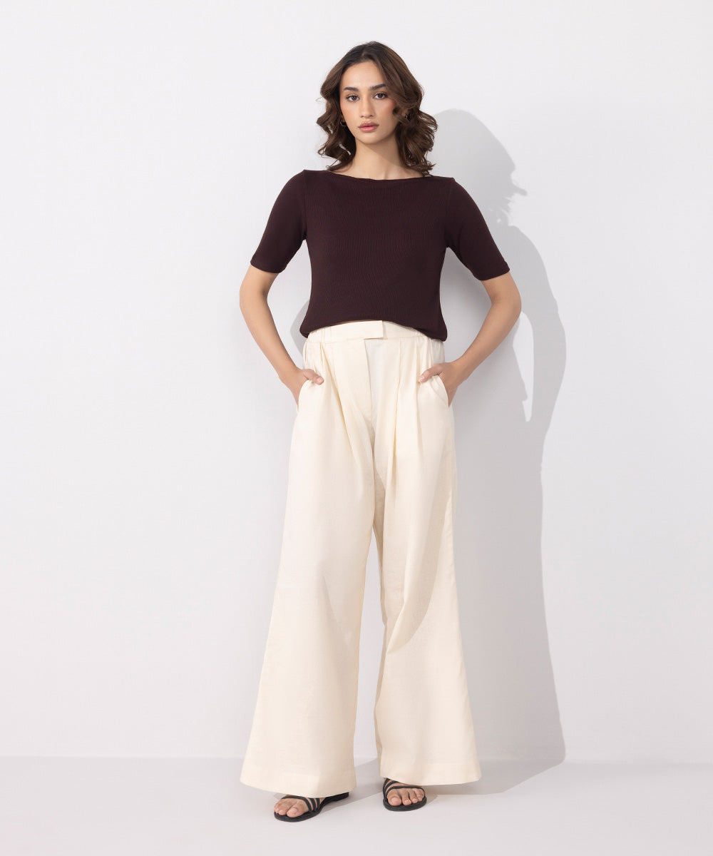 Women's Western Wear Beige Linen Blend Pleated Trousers