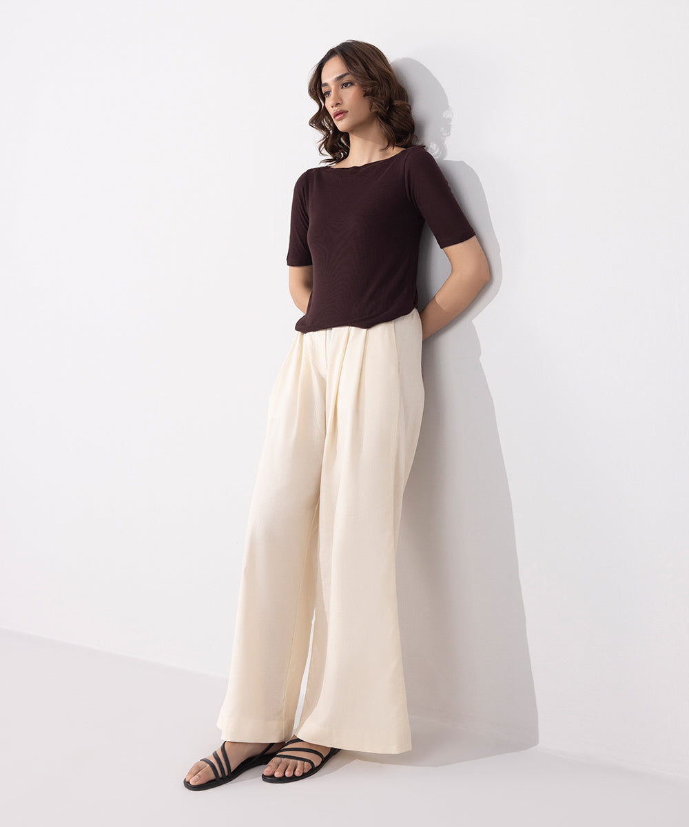 Women's Western Wear Beige Linen Blend Pleated Trousers