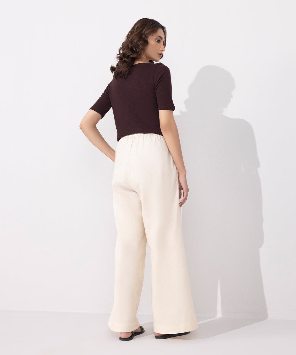 Women's Western Wear Beige Linen Blend Pleated Trousers