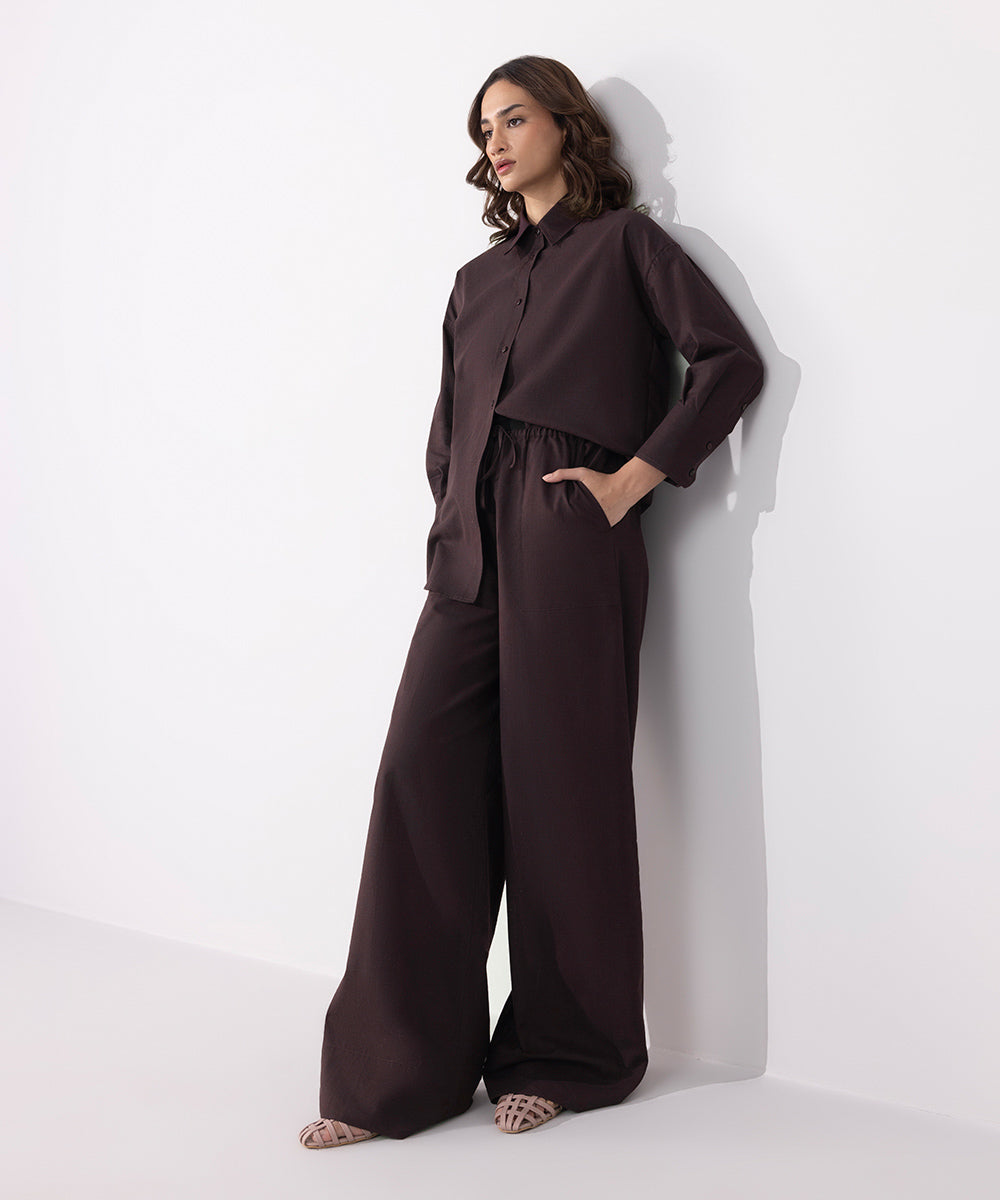 Women's Western Wear Brown Wide Leg Textured Trousers