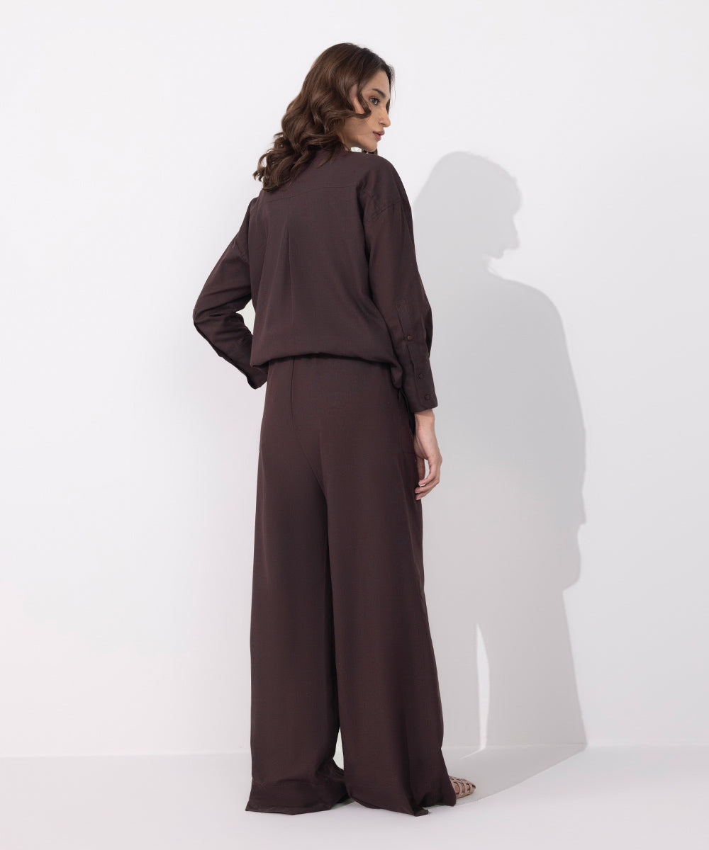 Women's Western Wear Brown Wide Leg Textured Trousers