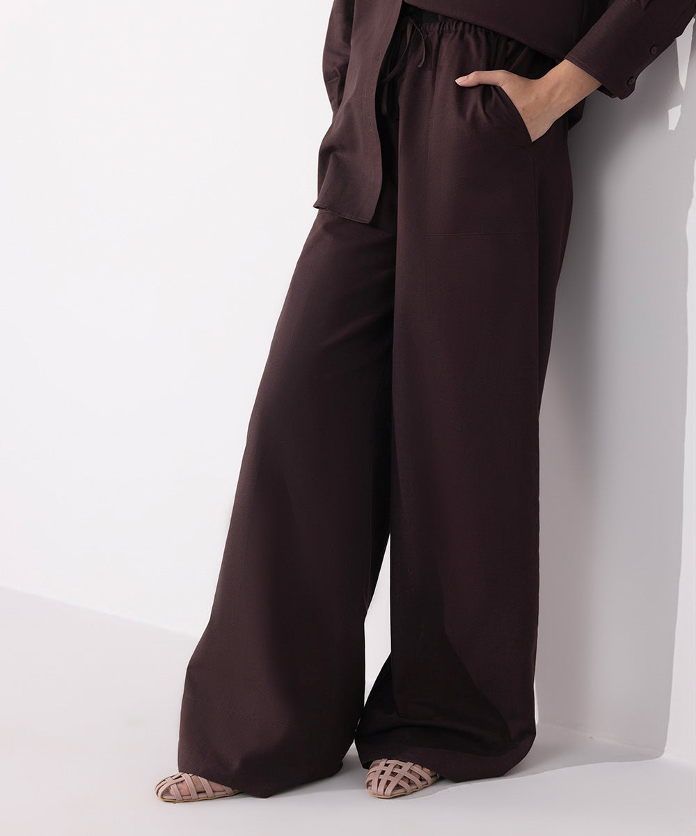 Women's Western Wear Brown Wide Leg Textured Trousers