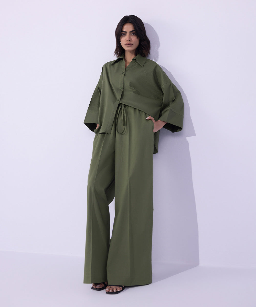 Women's Western Wear Green Seer Sucker Pull On Trousers