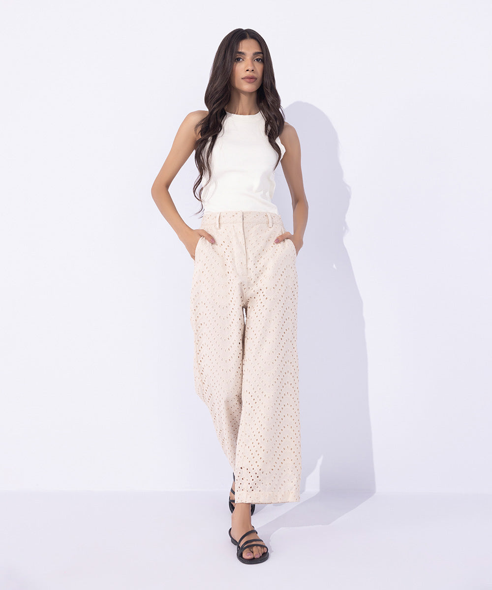 Women's Western Wear Beige Cotton Embroidered Trousers