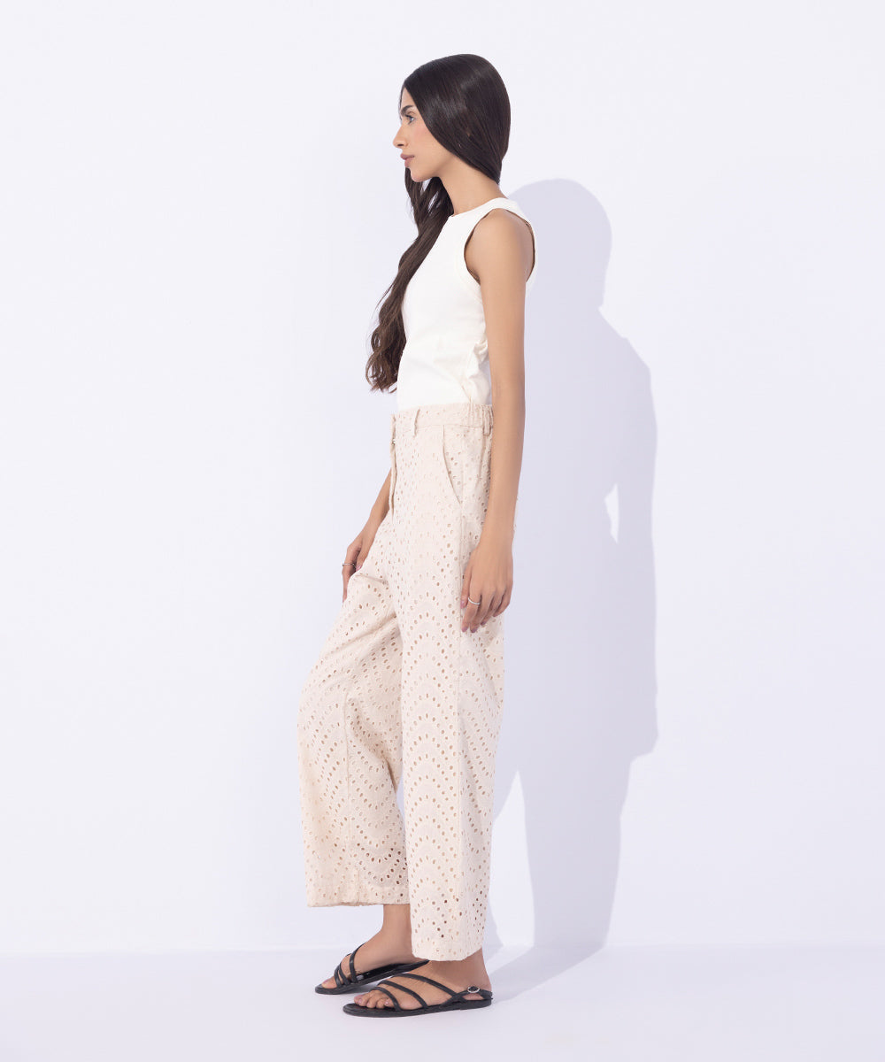 Women's Western Wear Beige Cotton Embroidered Trousers