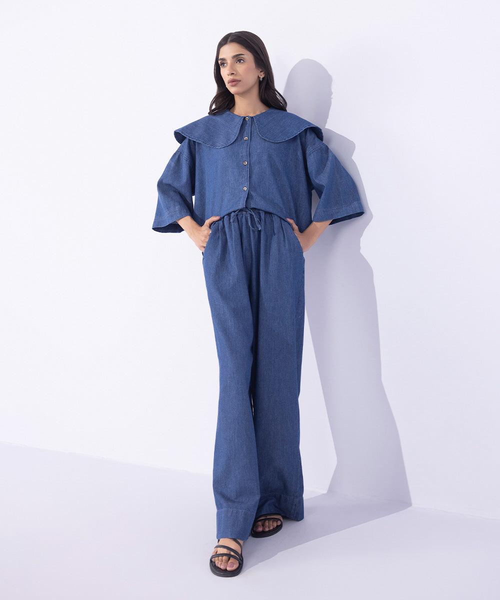 Women's Western Wear Blue Wide-Leg Denim Trousers