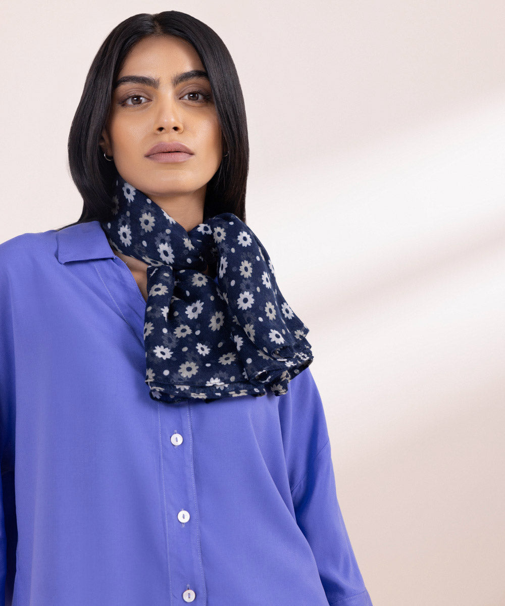 Women's Lightweight Printed Navy Blue Polyester Scarf