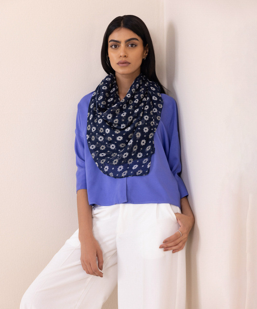 Women's Lightweight Printed Navy Blue Polyester Scarf