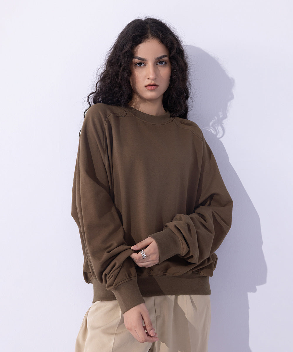 Women's Western Wear Brown Loose-Fit Sweatshirt With Raglan Sleeves.