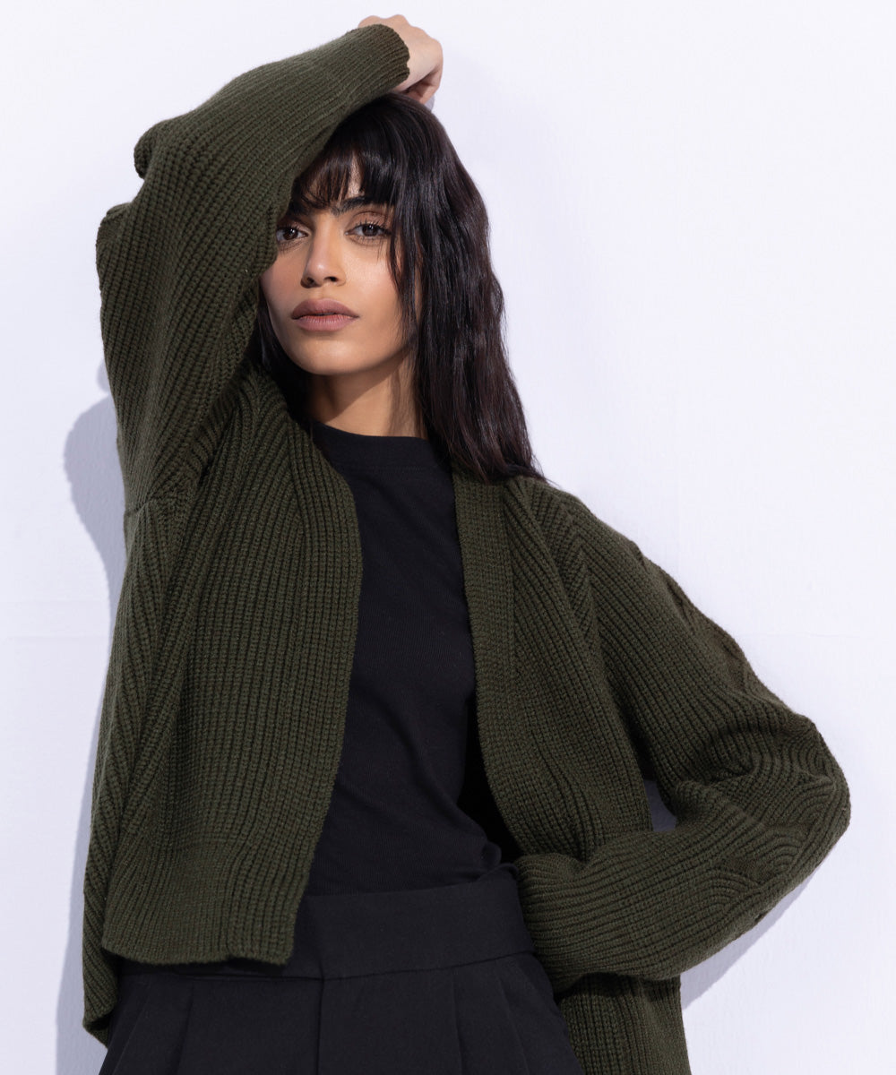 Women's Western Wear Green Chunky Knitted Cardigan