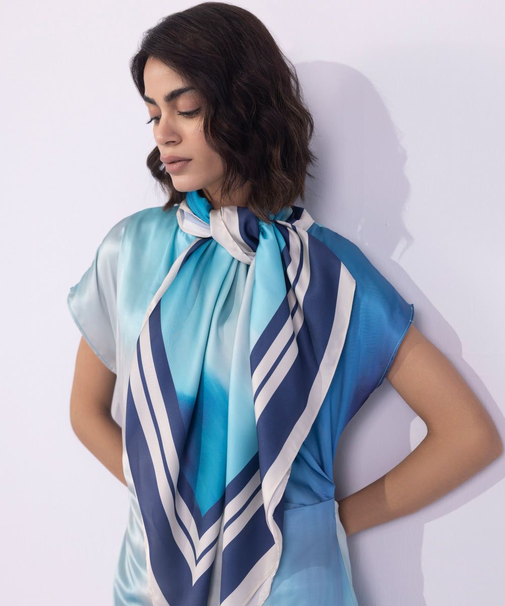 Women's Western Wear Blue Square Print Satin Scarf