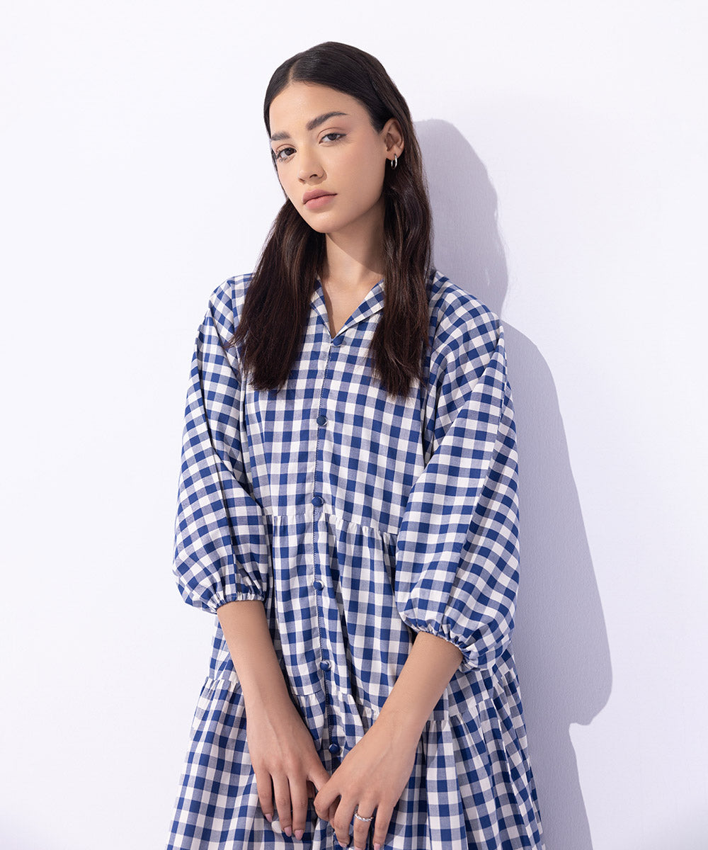 Women's Western Wear Blue Gingham Tier Dress