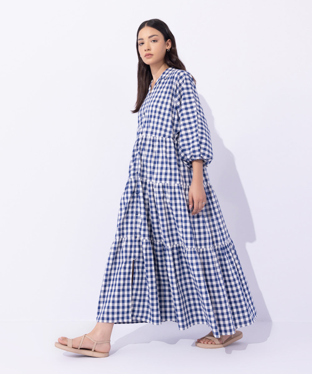 Women's Western Wear Blue Gingham Tier Dress