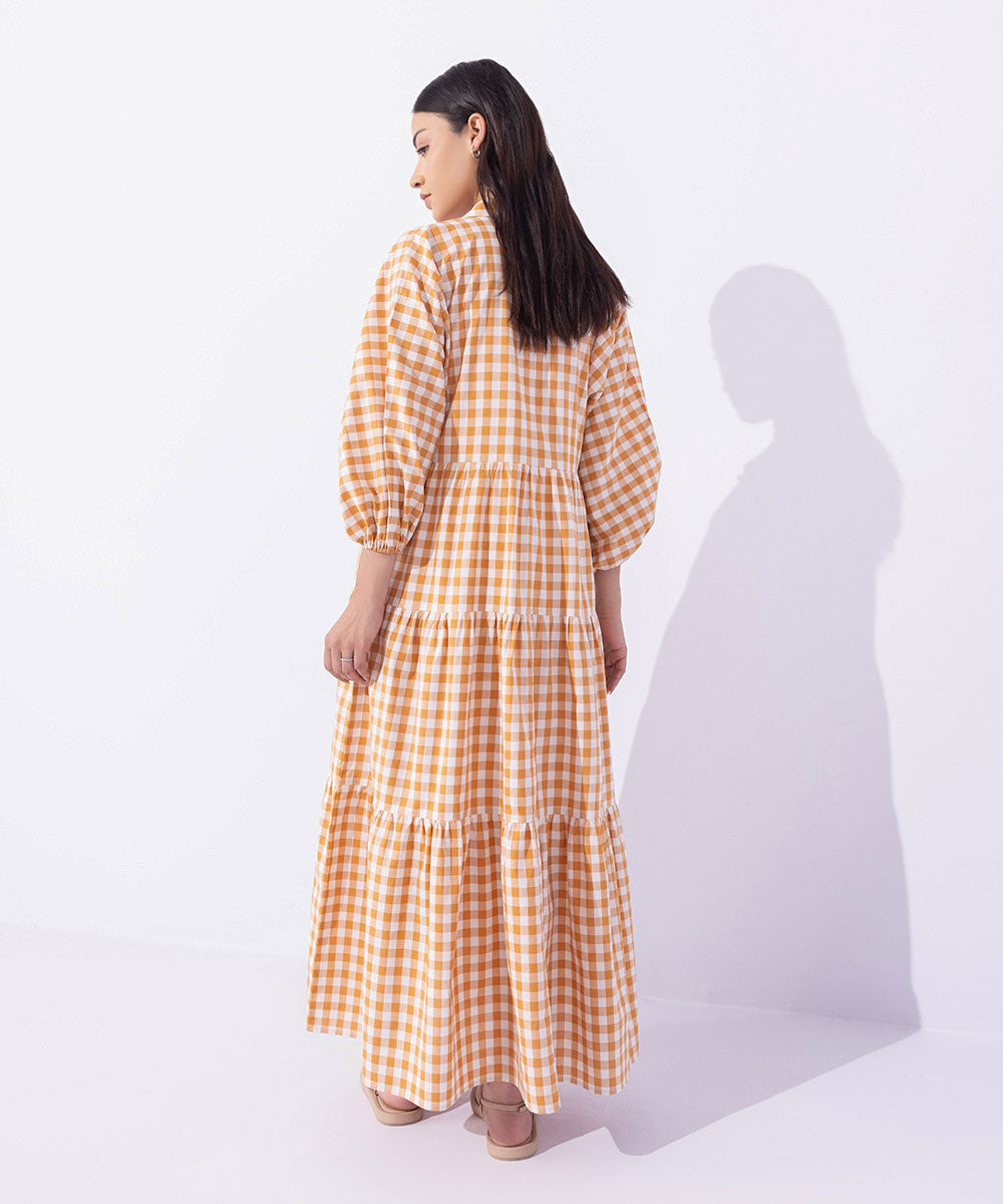 Women's Western Wear Orange Gingham Tier Dress