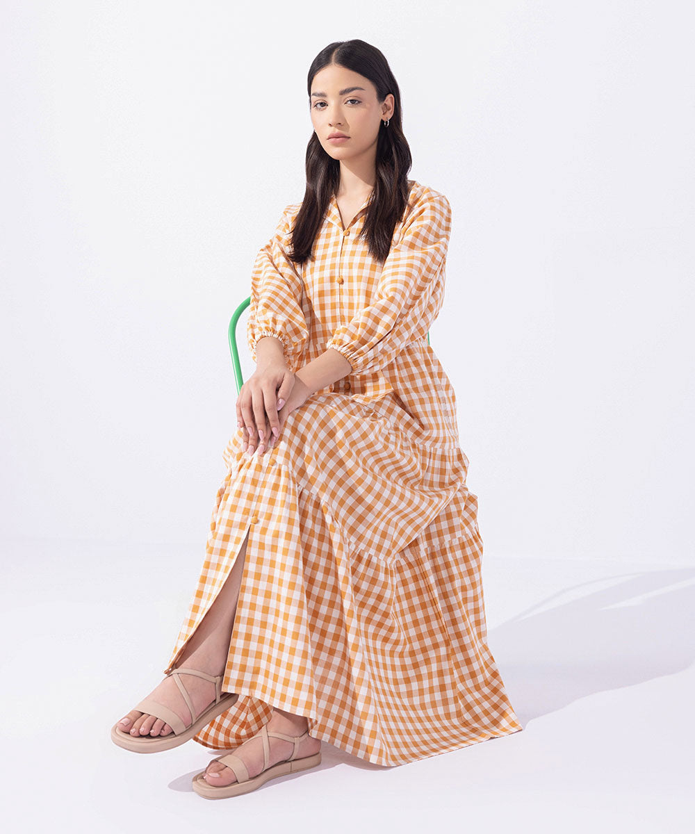 Women's Western Wear Orange Gingham Tier Dress