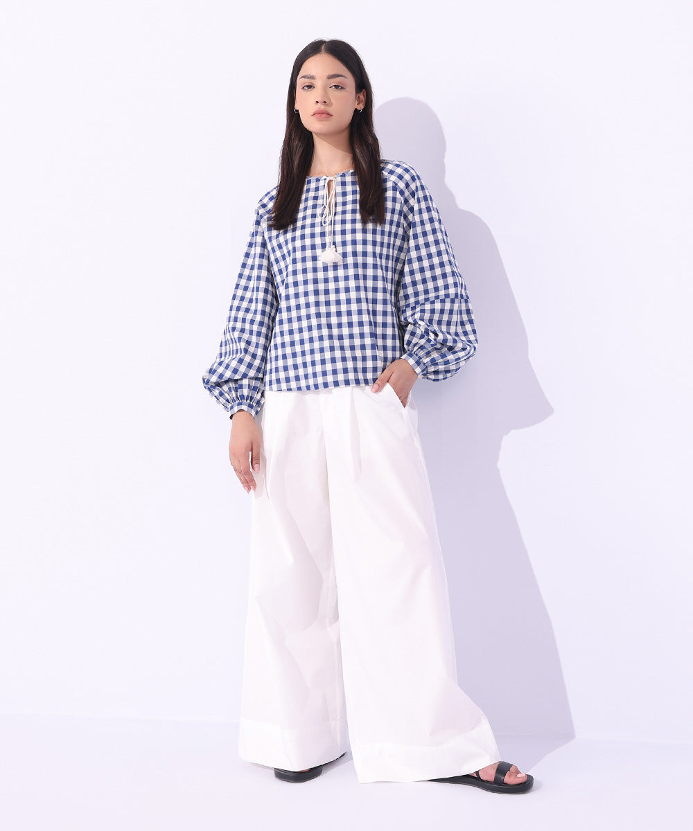 Women's Western Wear Blue Loose-Fit Gingham Top