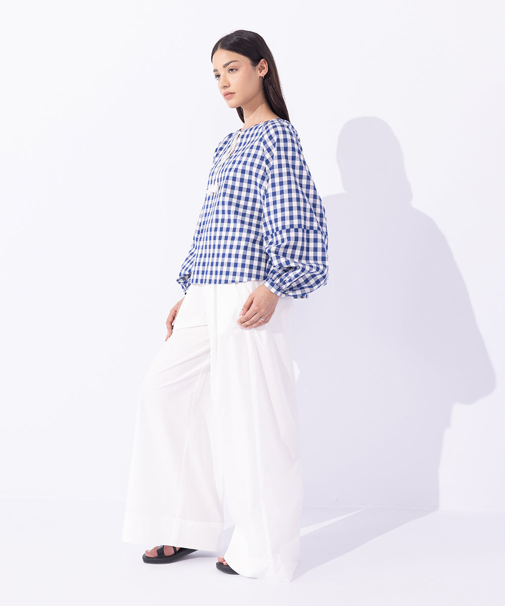 Women's Western Wear Blue Loose-Fit Gingham Top