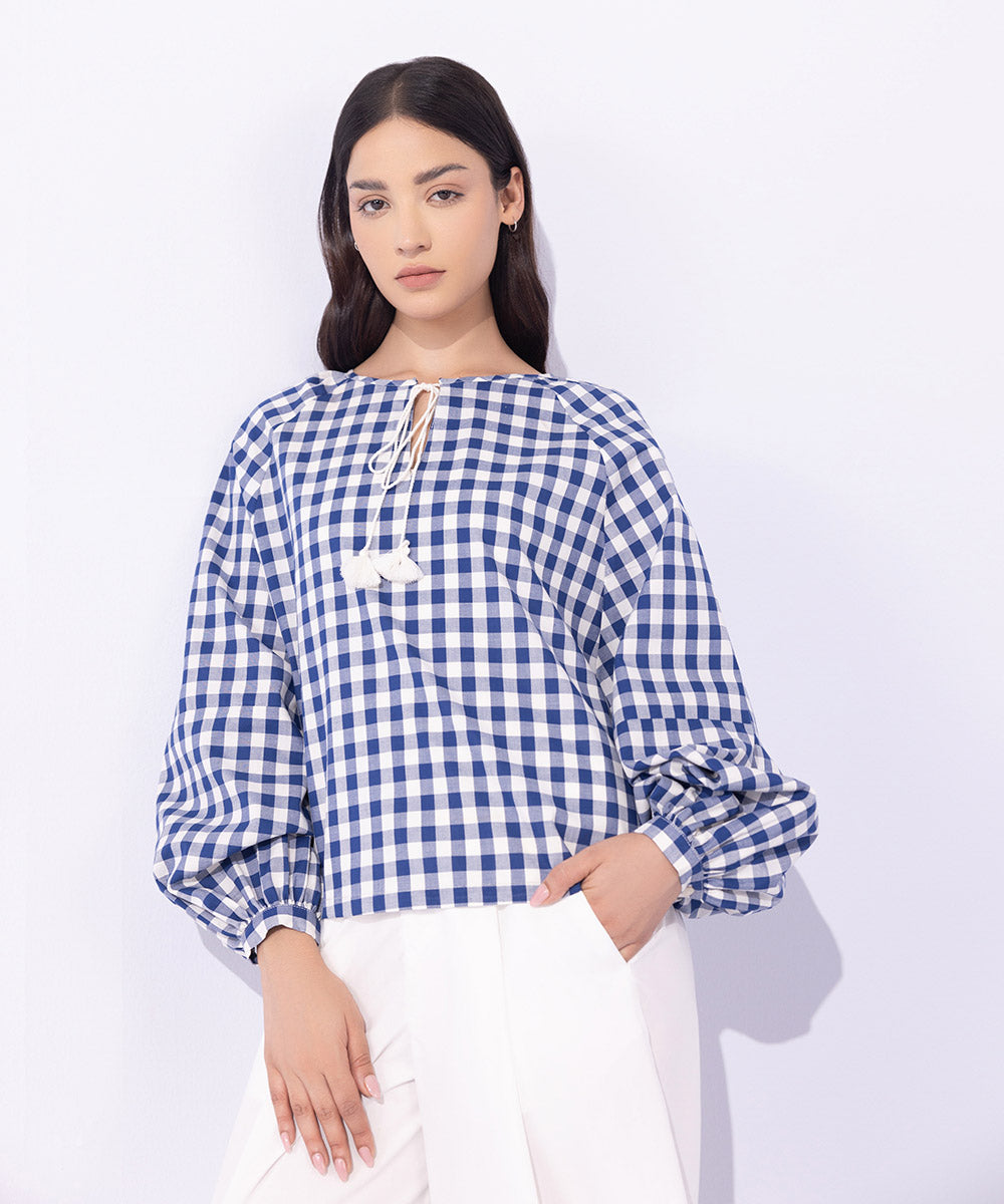 Women's Western Wear Blue Loose-Fit Gingham Top