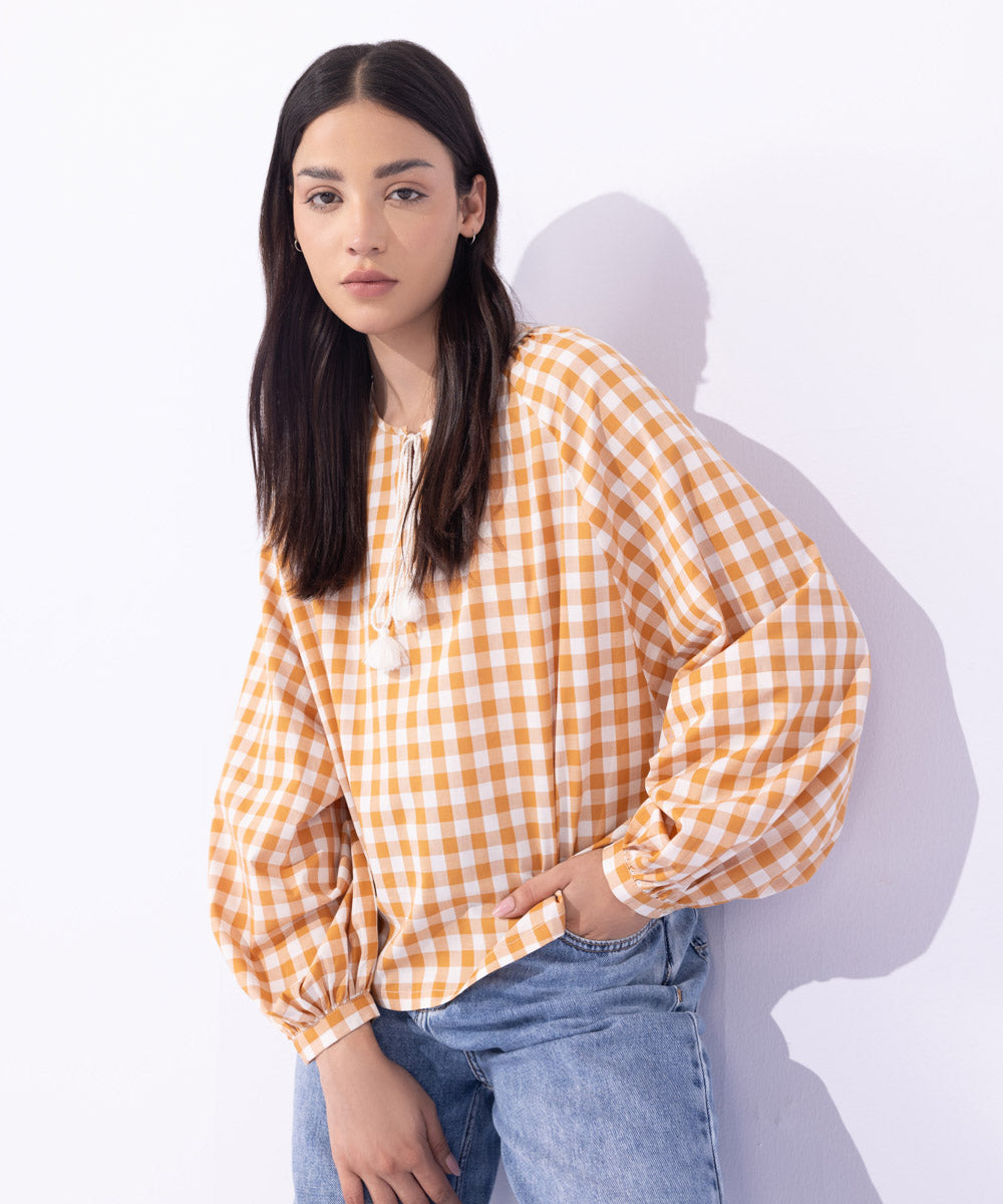 Women's Western Wear Orange Loose-Fit Gingham Top