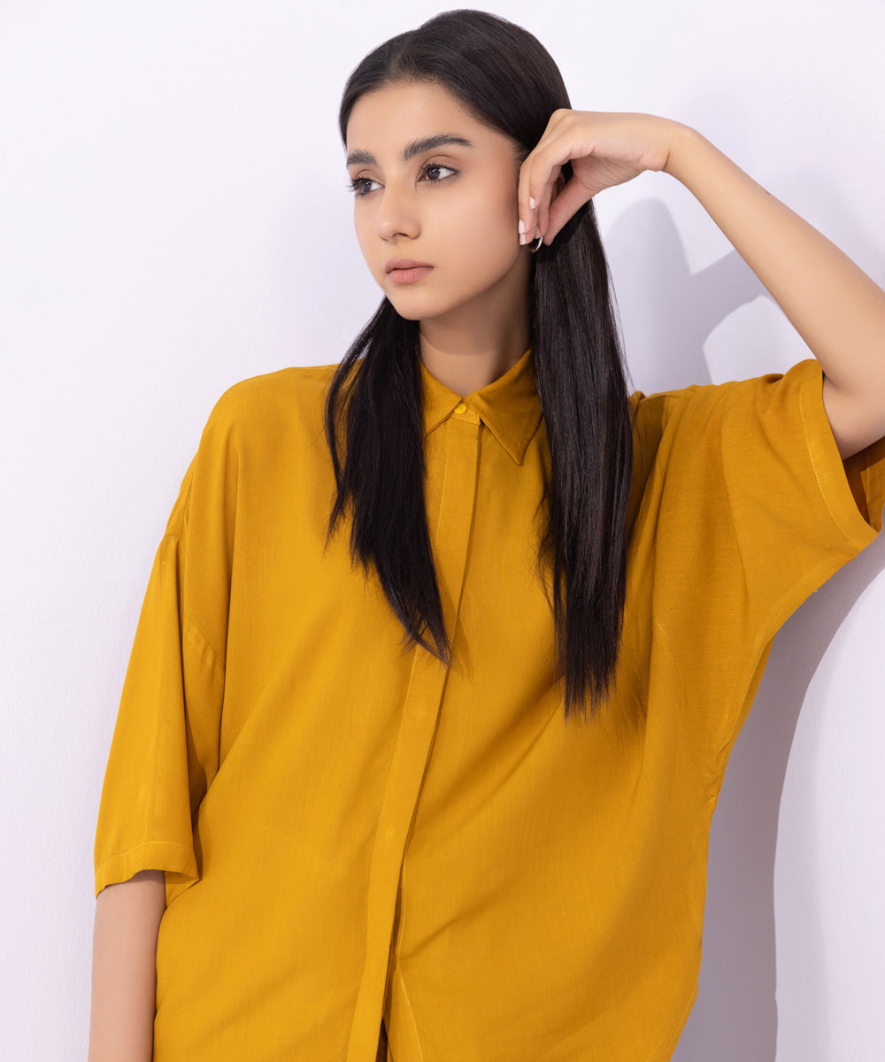 Women's Western Wear Yellow Loose Fit Drapey Shirt