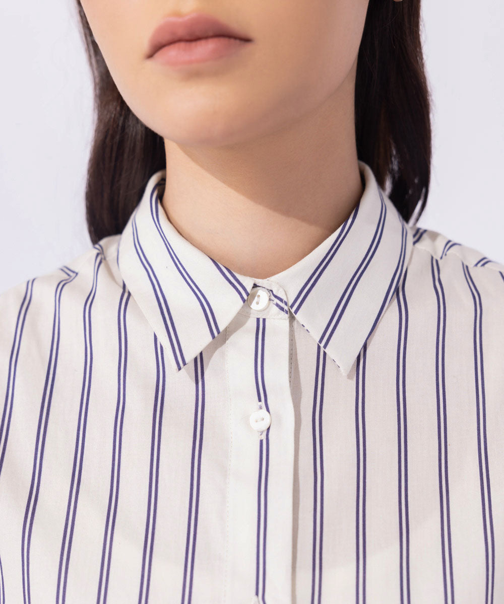 Women's Western Wear White Short Sleeved Striped Shirt 