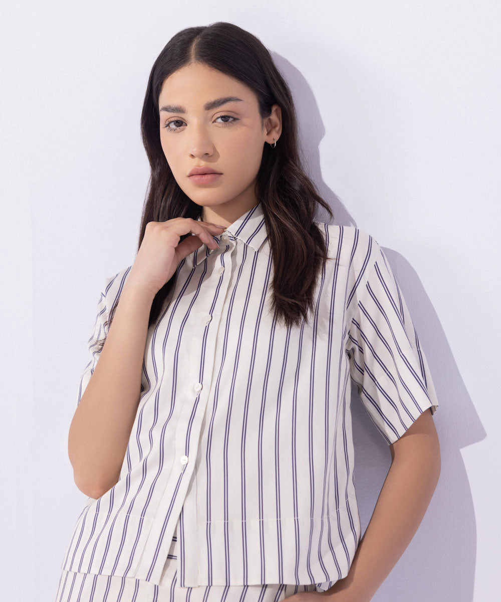 Women's Western Wear White Short Sleeved Striped Shirt 