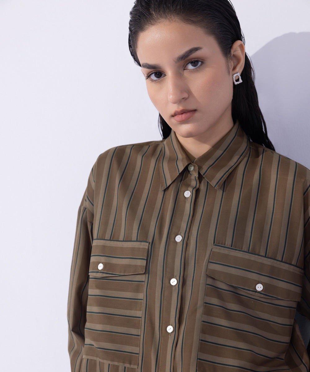 Women's Western Wear Brown Oversized Striped Shirt With Pockets