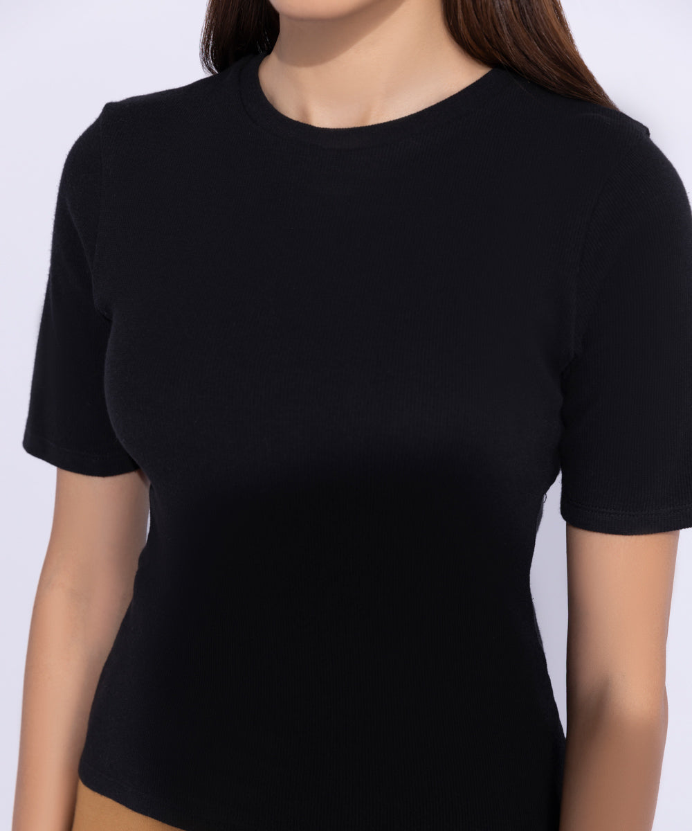 Women's Western Wear Black Slim-Fit Ribbed Top