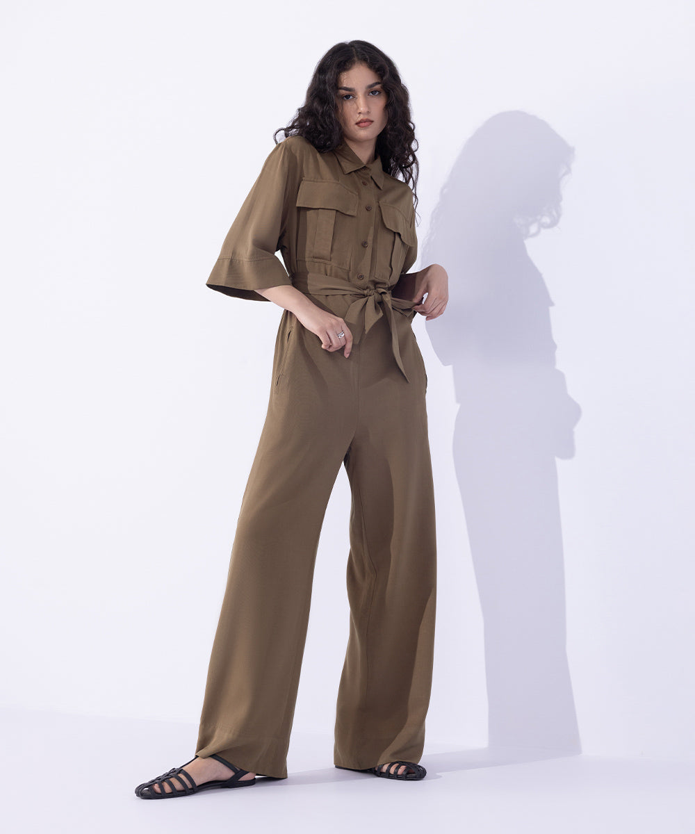 Women's Western Wear Brown Jumpsuit With Belt.