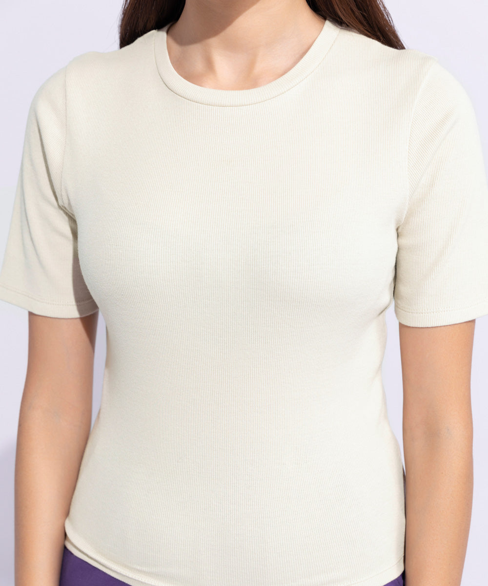 Women's Western Wear Beige Slim-Fit Ribbed Top