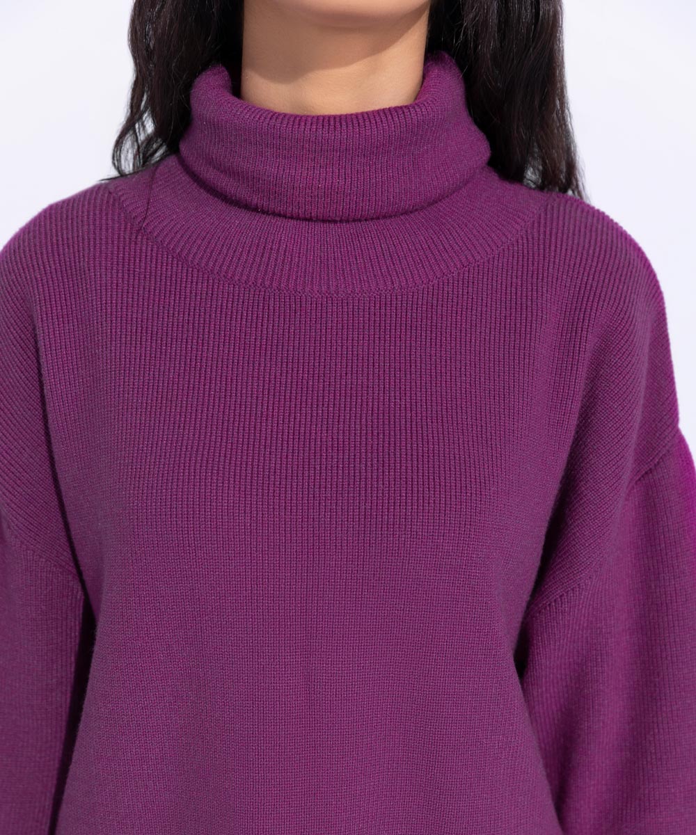 Women's Western Wear Purple Ribbed Turtle Neck Sweater