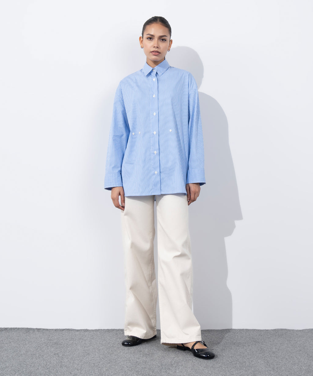 Women's Western Wear Blue Cinched Waist Button Through Shirt