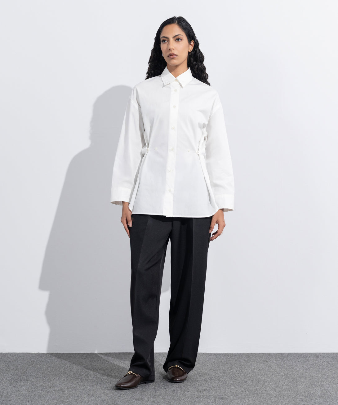 Women's Western Wear White Cinched Waist Button Through Shirt