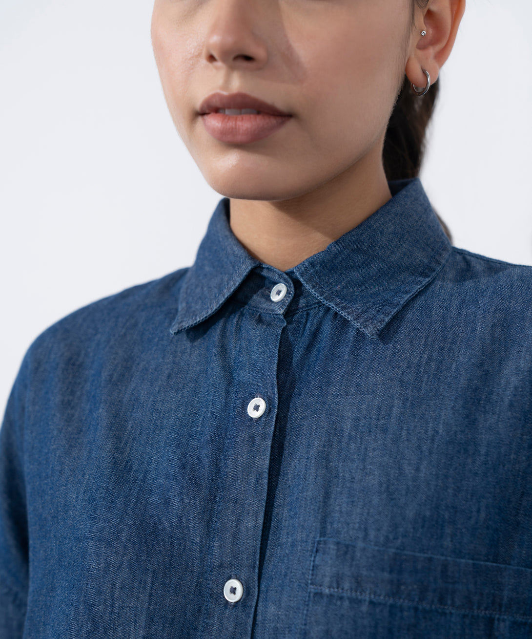 Women's Western Wear Blue Light Weight Denim Cropped Shirt