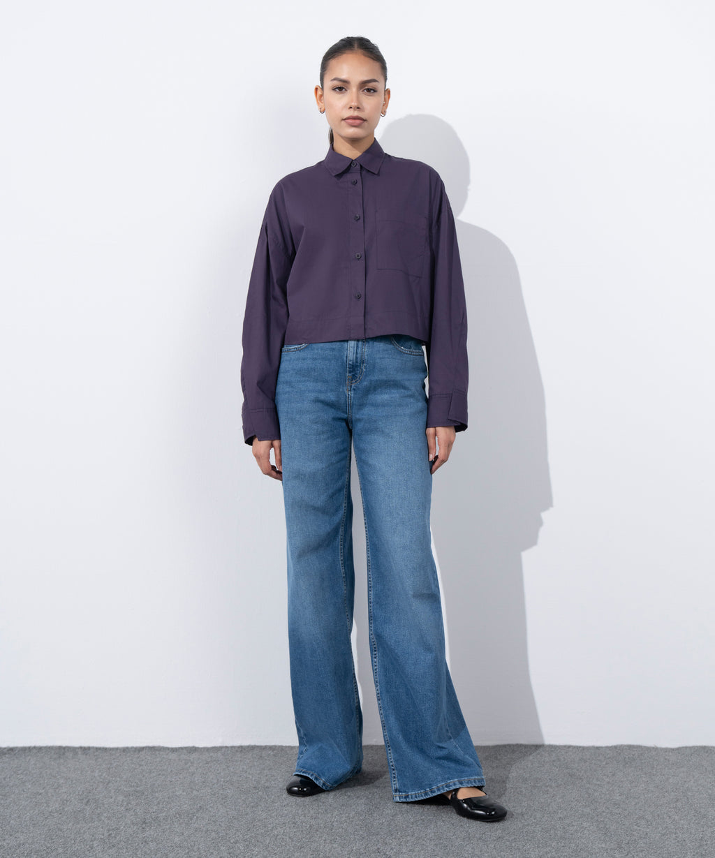 Women's Western Wear Purple Crop Shirt With Overlapped Cuff 