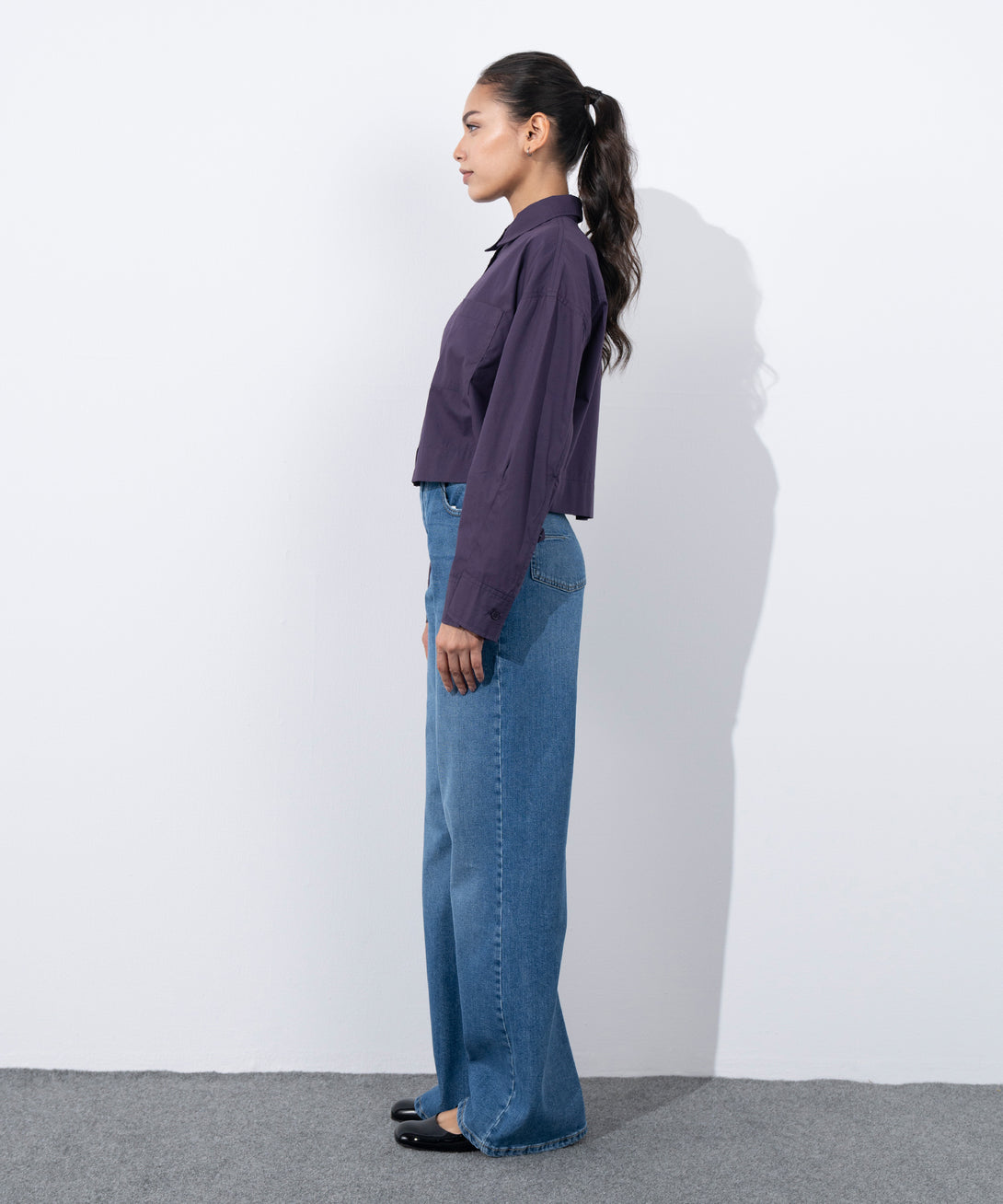 Women's Western Wear Purple Crop Shirt With Overlapped Cuff 