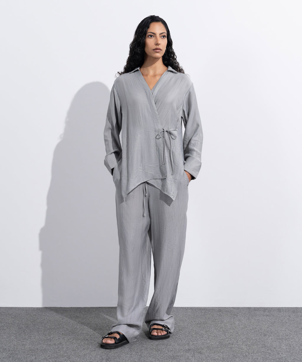 Women's Western Wear Grey Textured Wrap Around Shirt