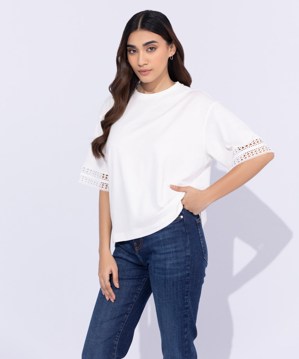 Women's Western Wear Off White Lace Trim T-Shirt 