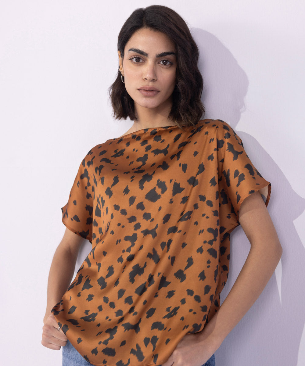 Women's Western Wear Brown Animal Print Satin Top